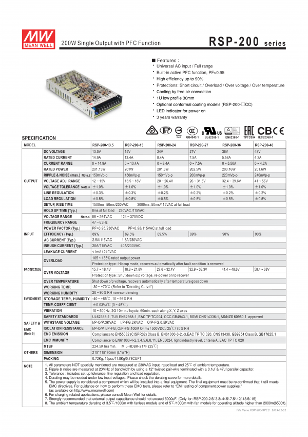 MEANWELL POWER SUPPLY RSP-200-24 - K-Tech Solutions